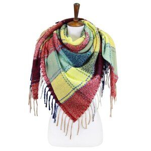 Soft Knit Plaid Blanket Scarf with Fringe Tassels